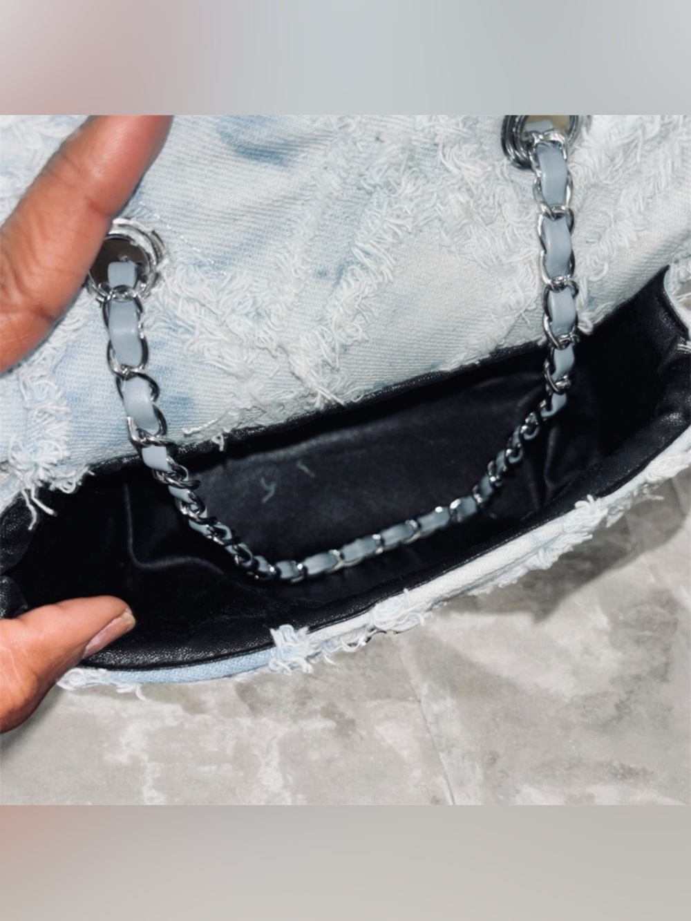 Frayed Light Blue Denim Crossbody Bag with Turn-Lock - Picture 5 of 6